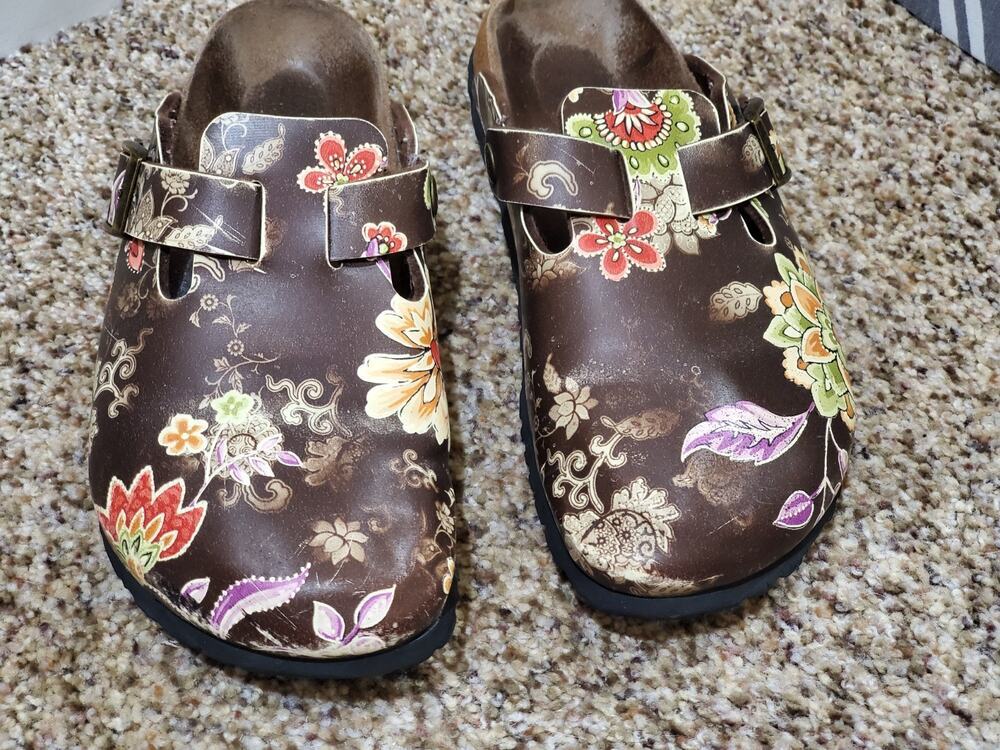 Papillio Birkenstock Floral Clogs Brown Mary Jane Sz 36 US 5 Cork Footbed